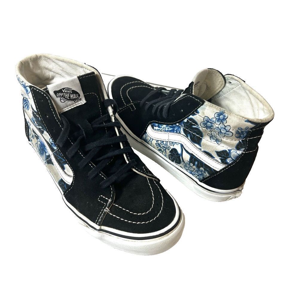 Vans Black & White High-Top Sneakers with Blue Floral Accent